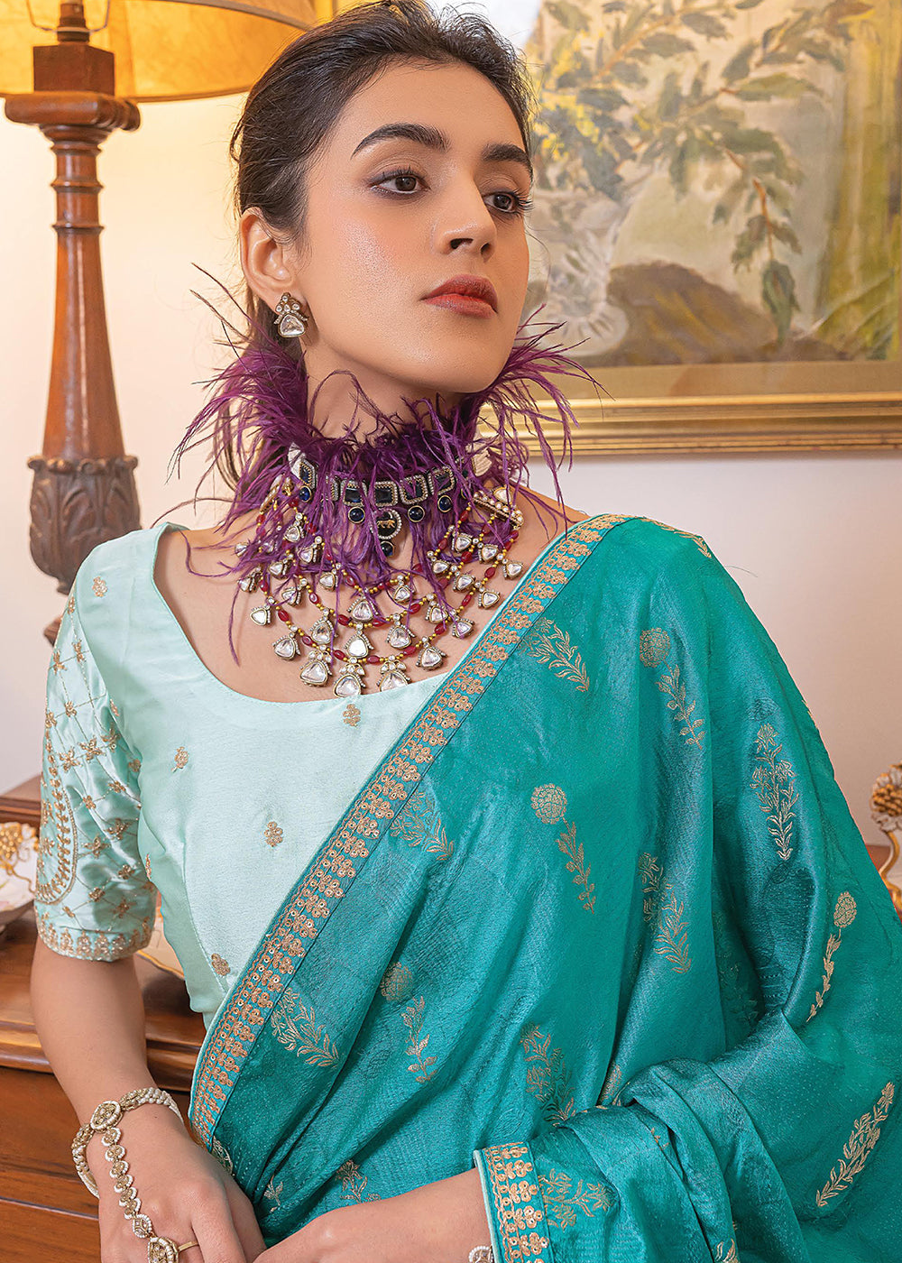 Cerulean Blue Embroidered Viscose Satin Saree