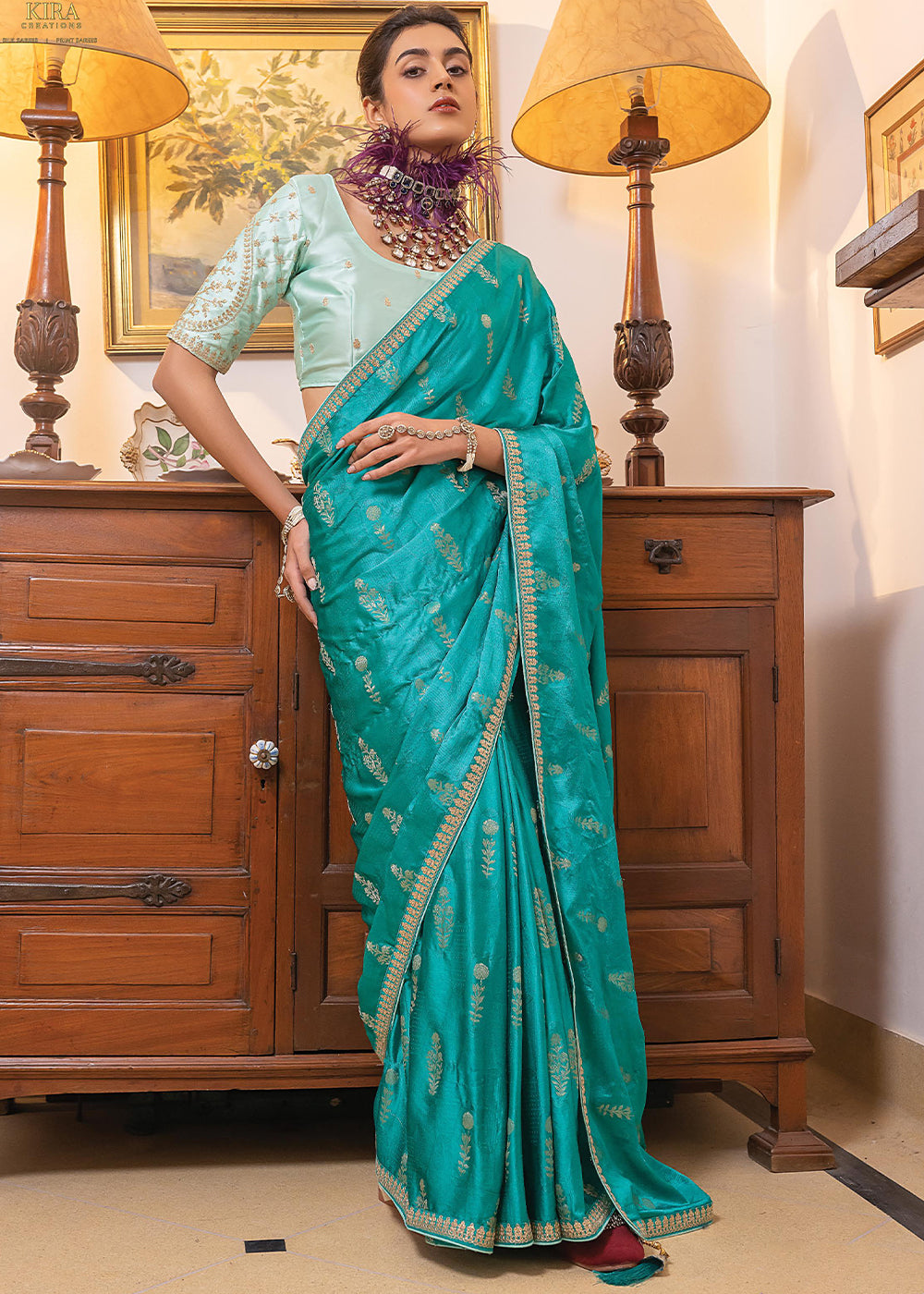 Cerulean Blue Embroidered Viscose Satin Saree