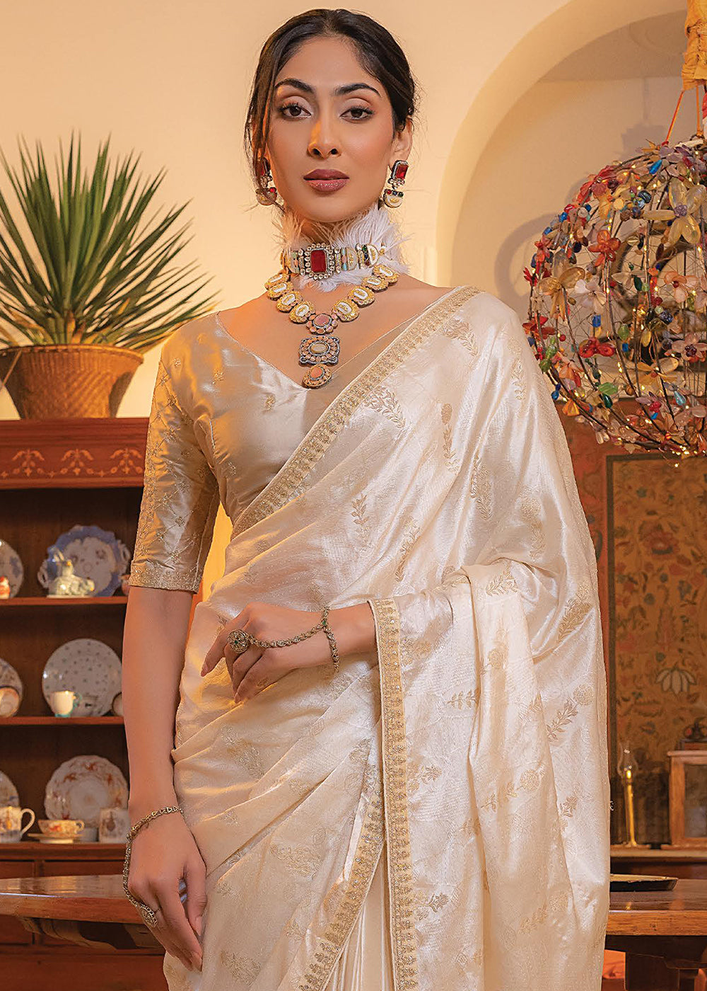 Cream White Embroidered Viscose Satin Saree