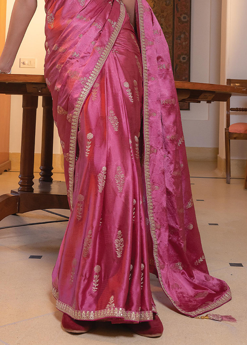 Shades Of Pink Embroidered Viscose Satin Saree