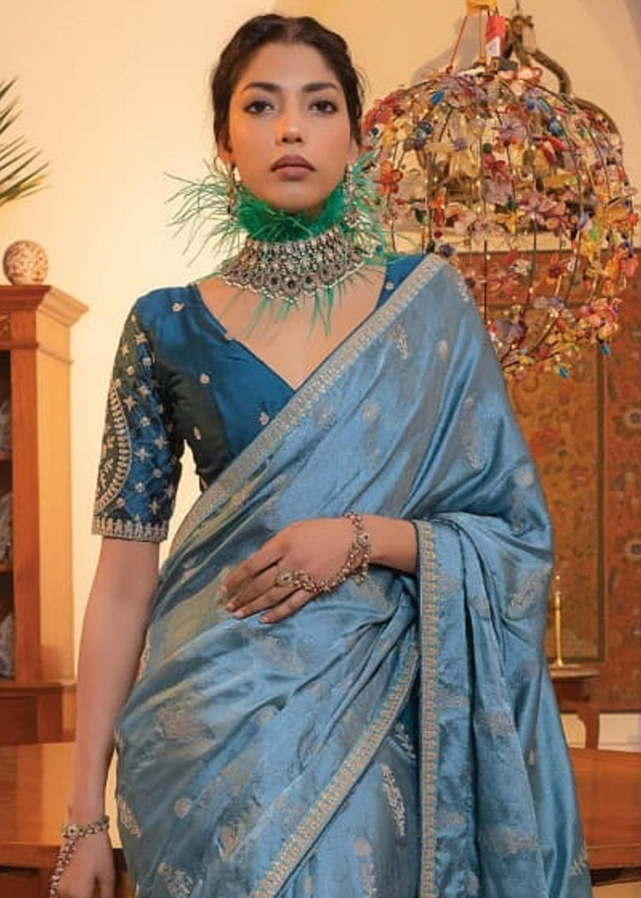 Steel Blue Embroidered Viscose Satin Saree