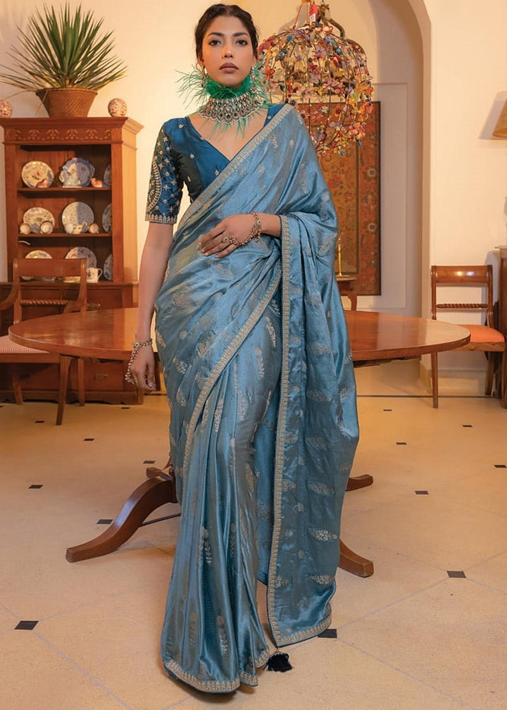 Steel Blue Embroidered Viscose Satin Saree