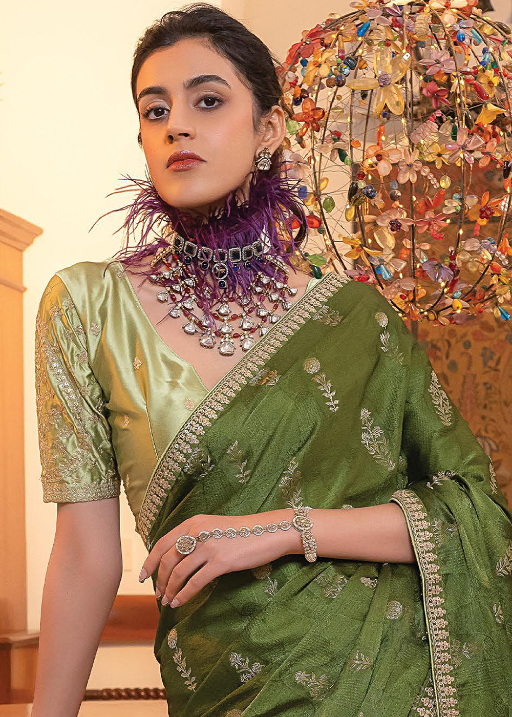 Hunter Green Embroidered Viscose Satin Saree