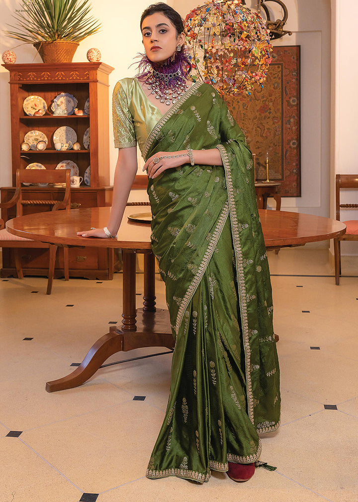 Hunter Green Embroidered Viscose Satin Saree