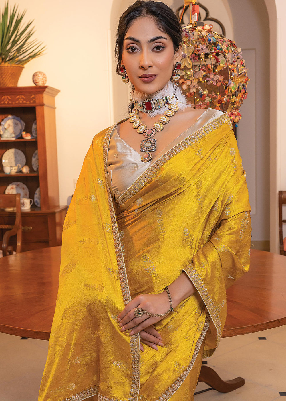 Mustard Yellow Embroidered Viscose Satin Saree