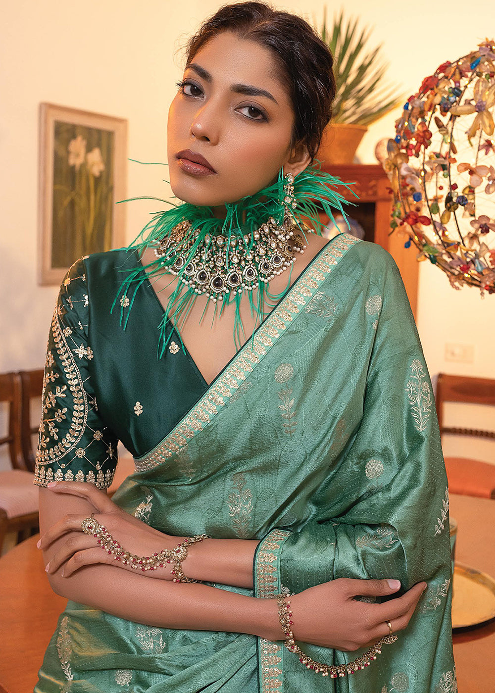 Blueish Green Embroidered Viscose Satin Saree