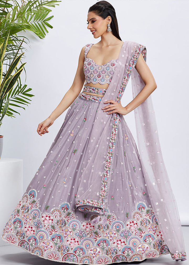 Floral Purple Chiffon Lehenga Choli with Sequins & Thread Embroidery work
