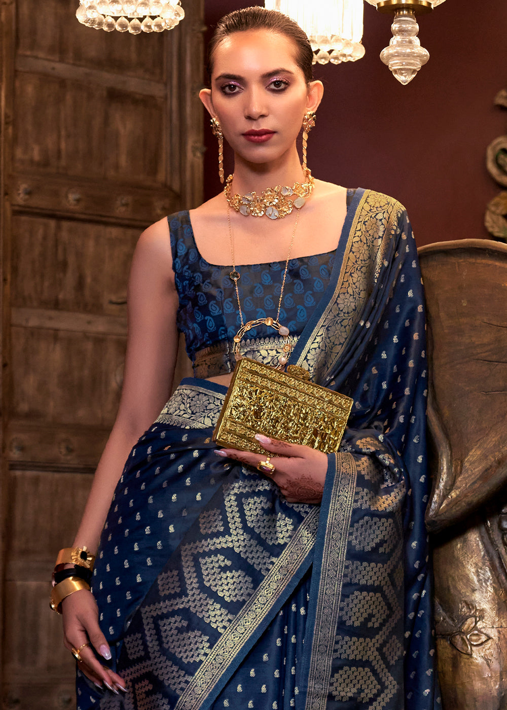 Midnight Blue Handloom Woven Satin Silk Saree