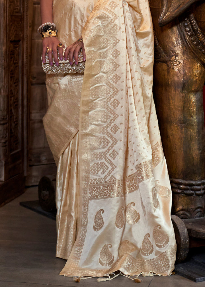 Cream White Handloom Woven Satin Silk Saree