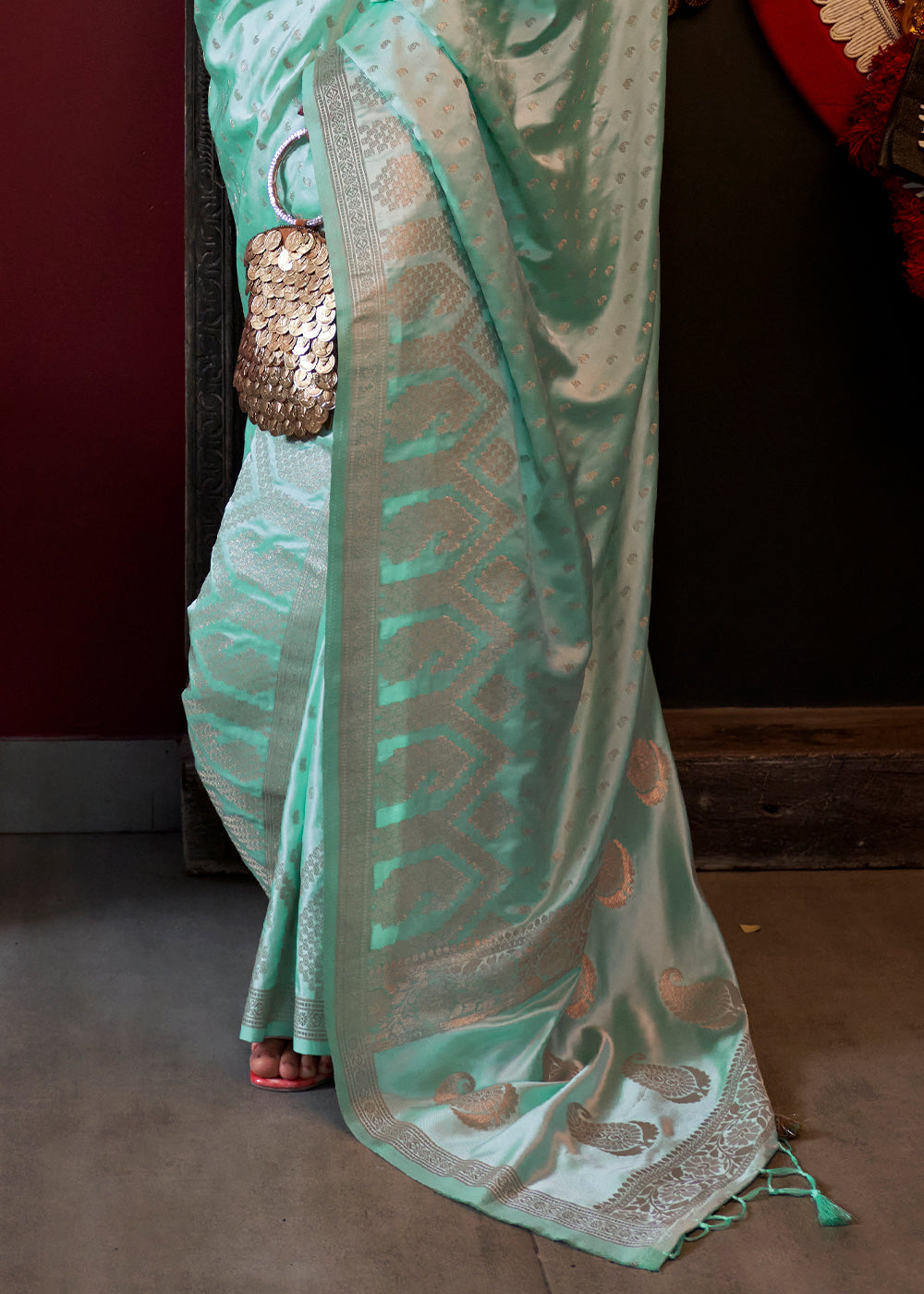 Turquoise Blue Handloom Woven Satin Silk Saree