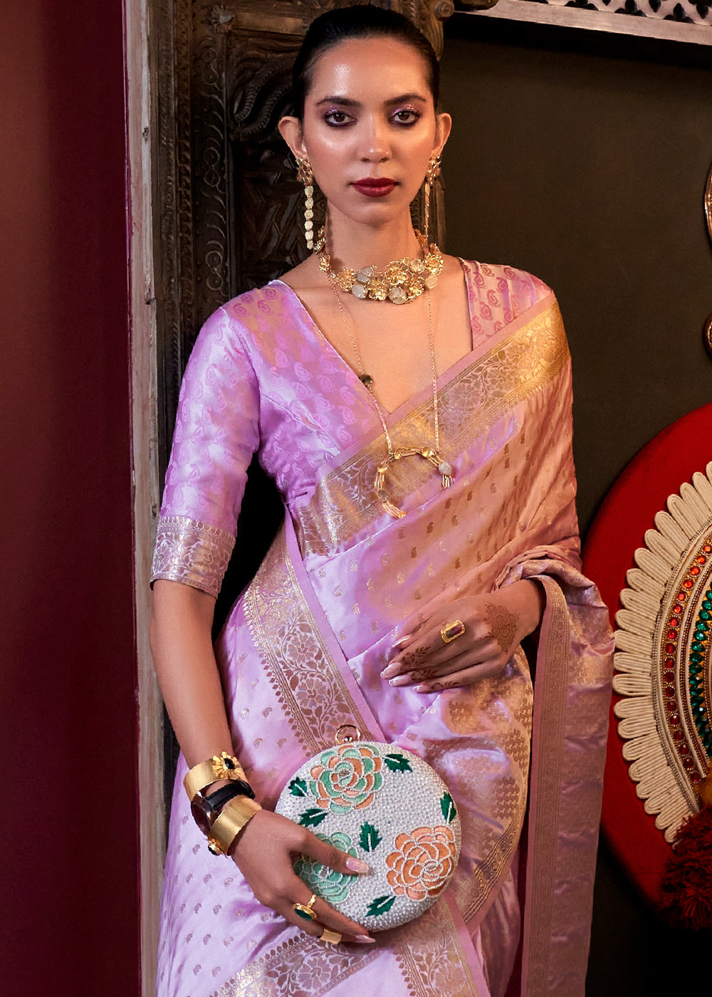 Lavender Purple Handloom Woven Satin Silk Saree