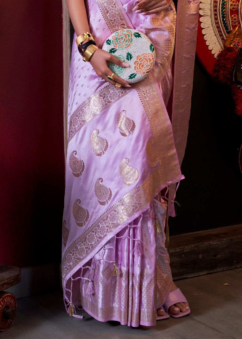 Lavender Purple Handloom Woven Satin Silk Saree