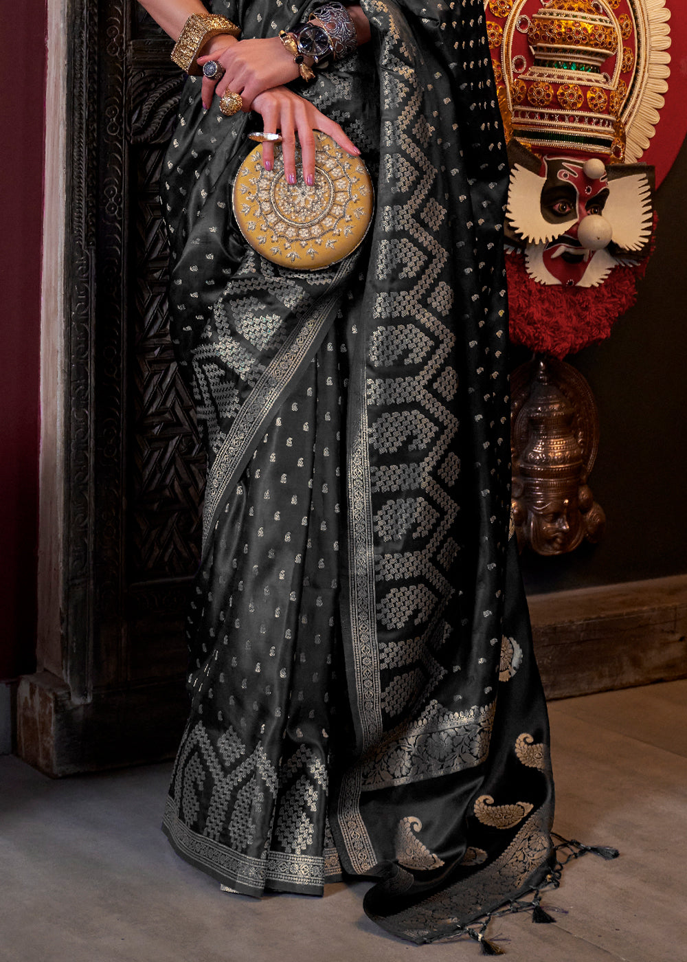 Midnight Black Handloom Woven Satin Silk Saree
