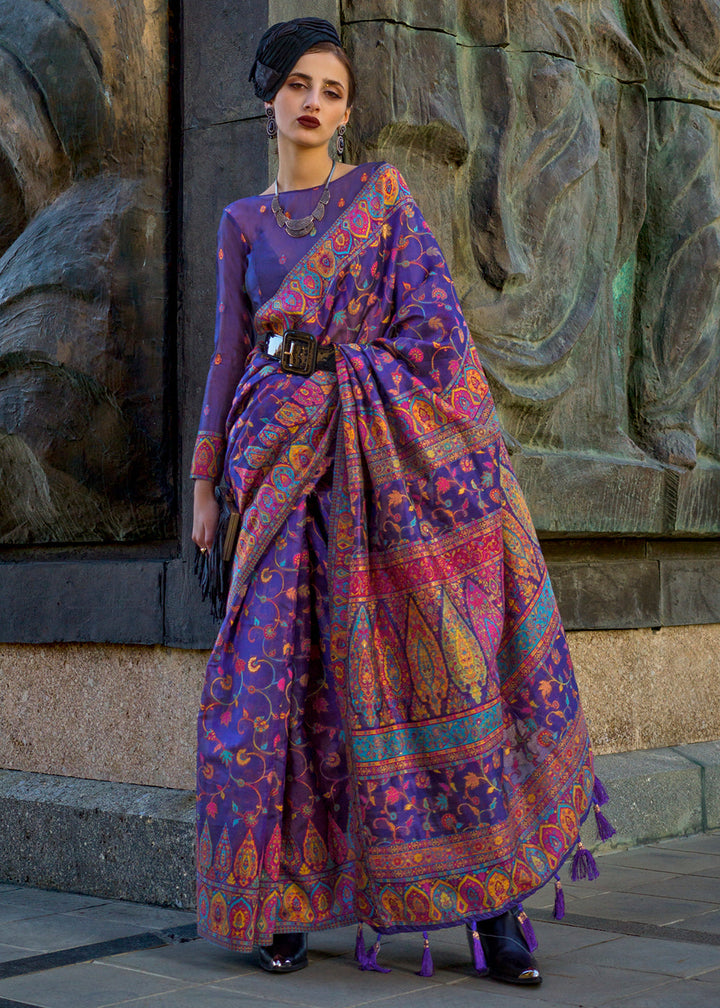 Indigo Purple Jamawar Woven Organza Silk Saree