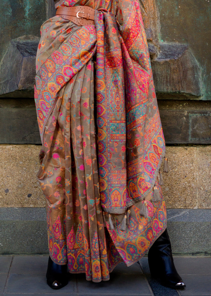 Shades Of Brown Jamawar Woven Organza Silk Saree
