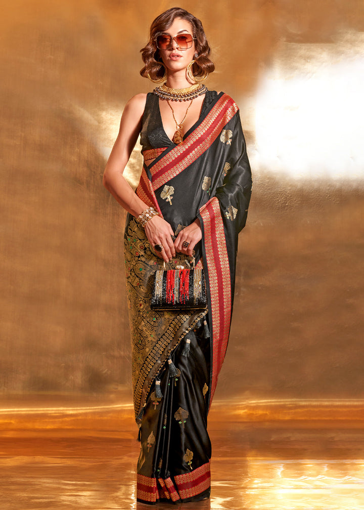 Soot Black Handloom Woven Satin Silk Saree