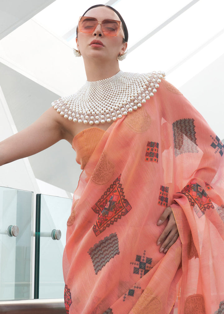 Vivid Pink Printed Handloom Zari Tissue Saree