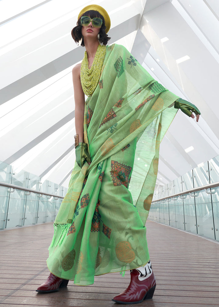 Shades Of Green Printed Handloom Zari Tissue Saree