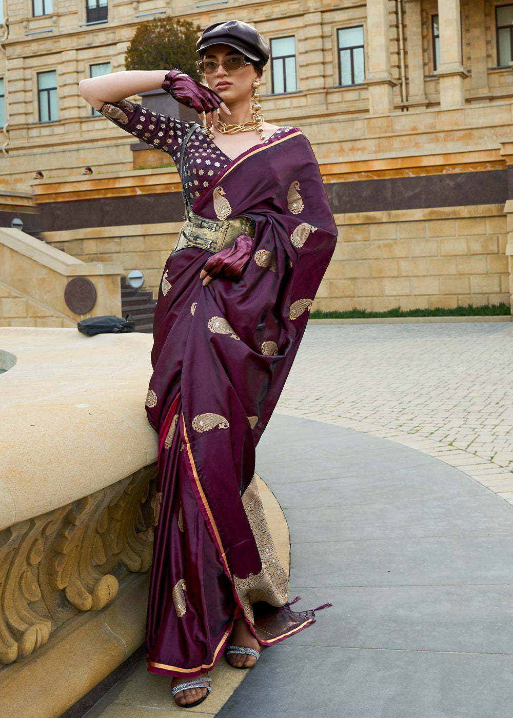Tyrian Purple Zari Woven Satin Silk Saree