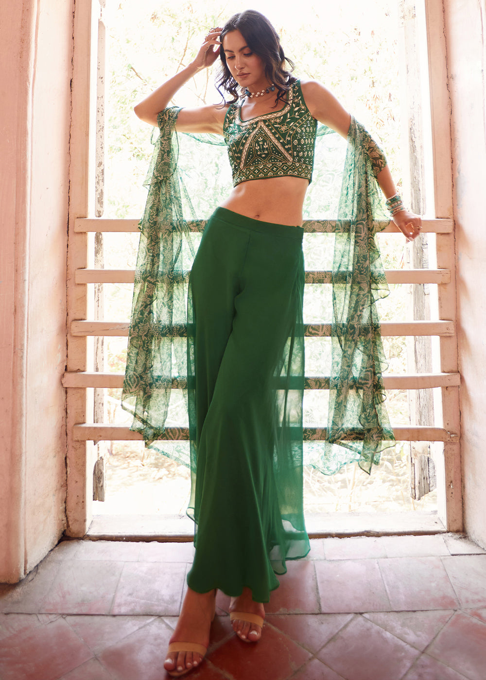Forest Green Georgette Sharara Choli with Embroidery work