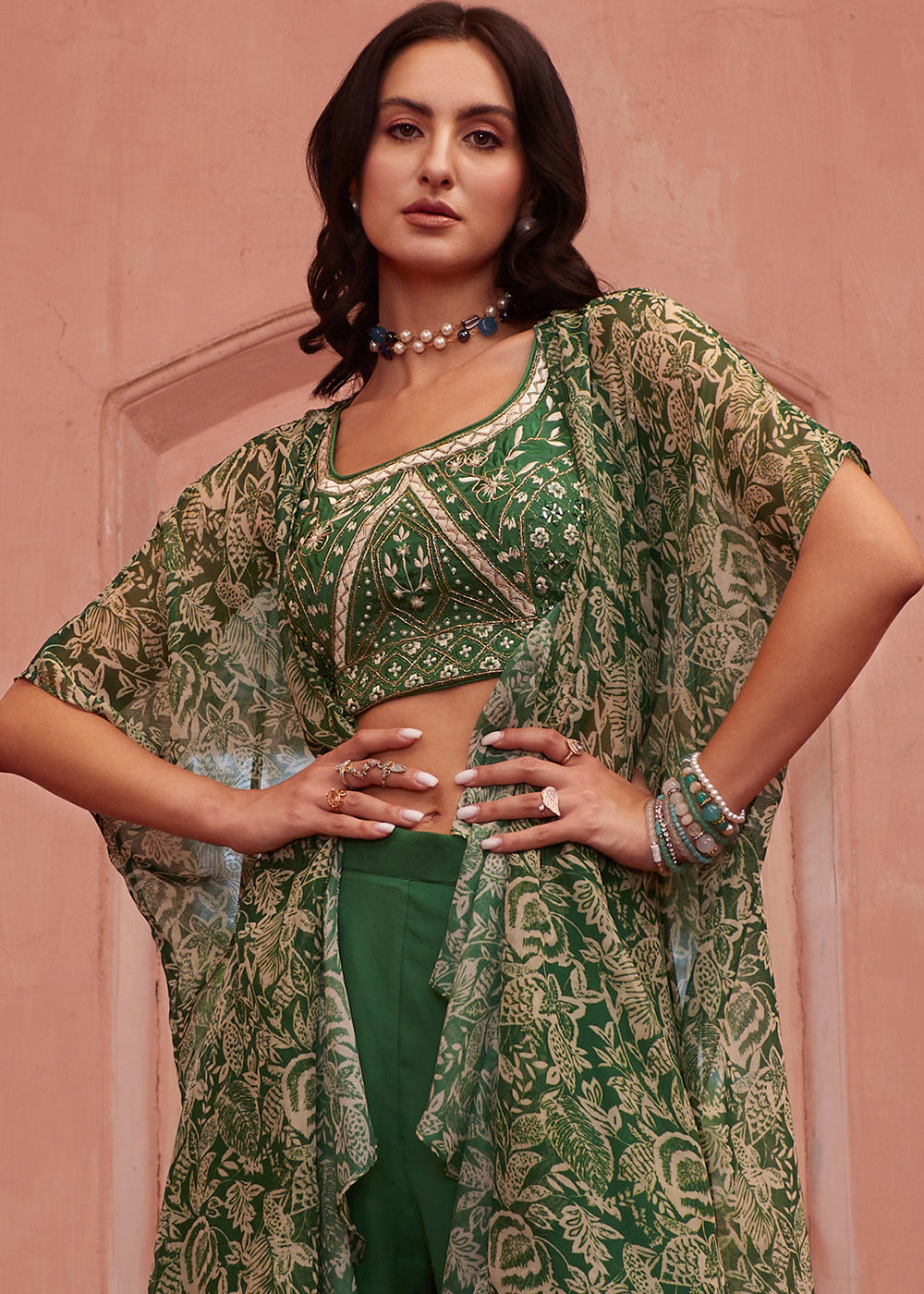 Forest Green Georgette Sharara Choli with Embroidery work