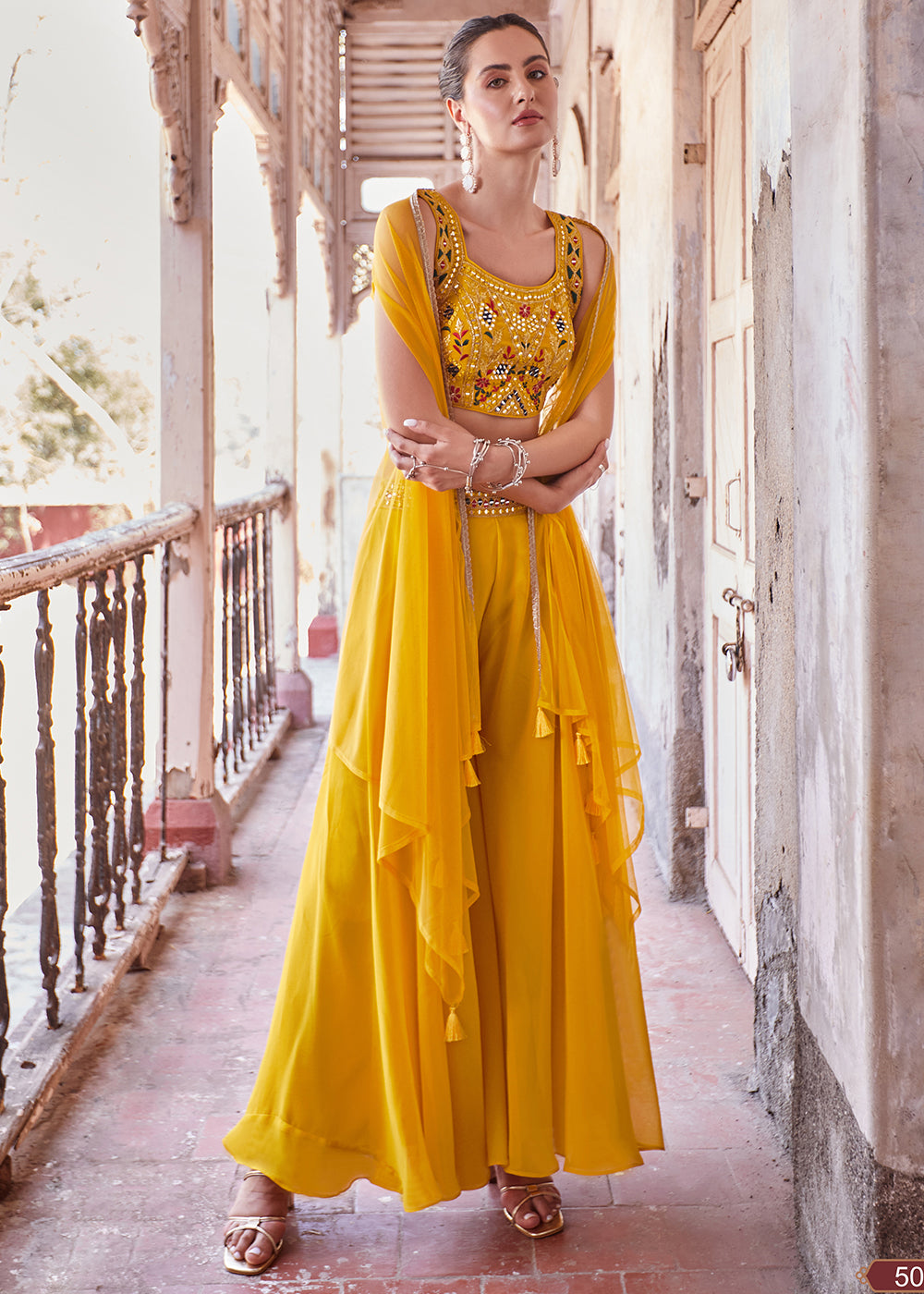 Aureolin Yellow Georgette Sharara Choli with Embroidery work