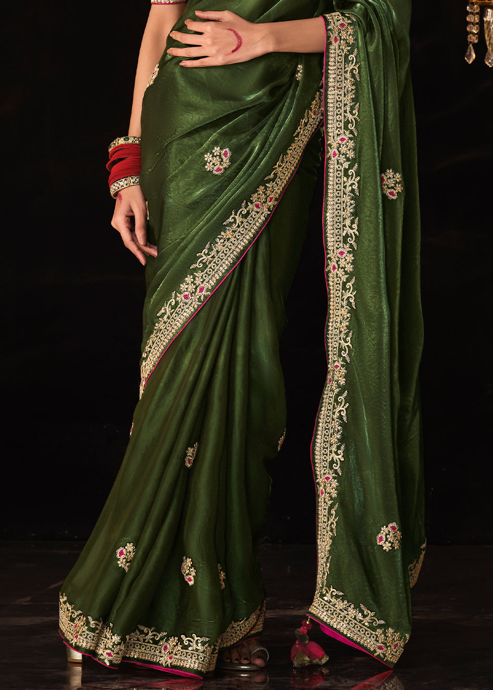 Dark Green Satin Silk Saree Embellished with Stone,Sequin,Embroidery & Zarkan work