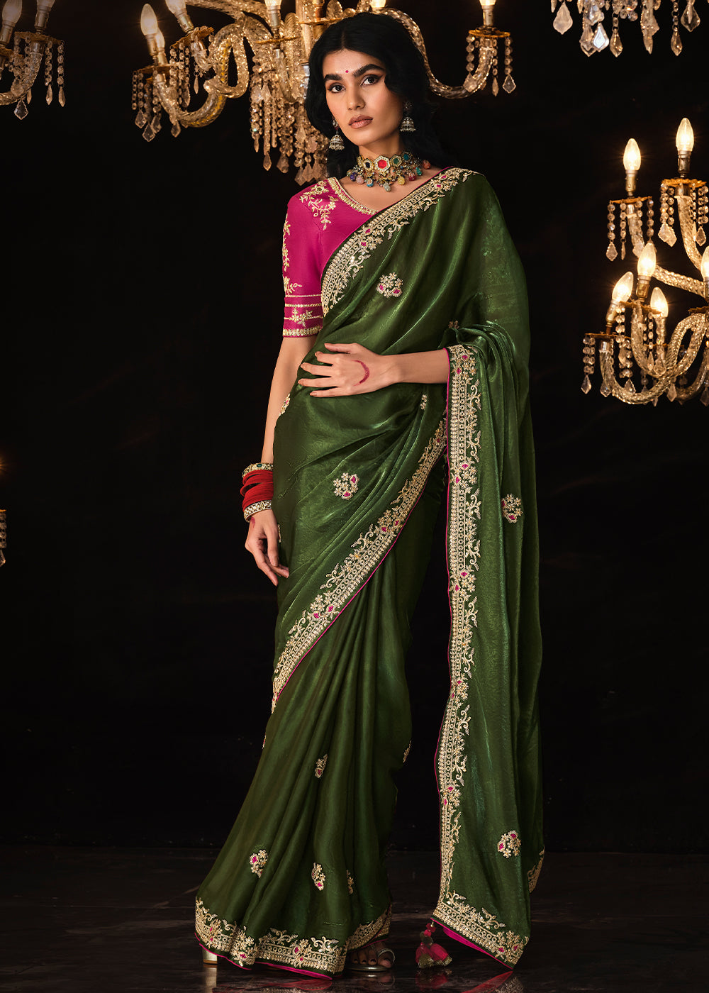 Dark Green Satin Silk Saree Embellished with Stone,Sequin,Embroidery & Zarkan work