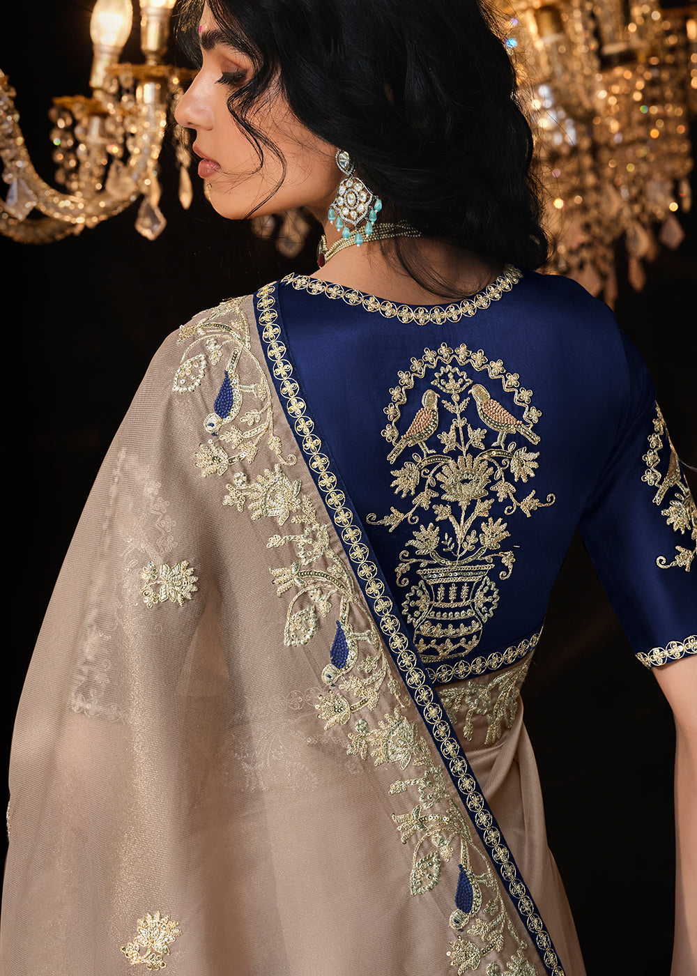 Light Greyish Brown Satin Silk Saree Embellished with Stone,Sequin,Embroidery & Zarkan work
