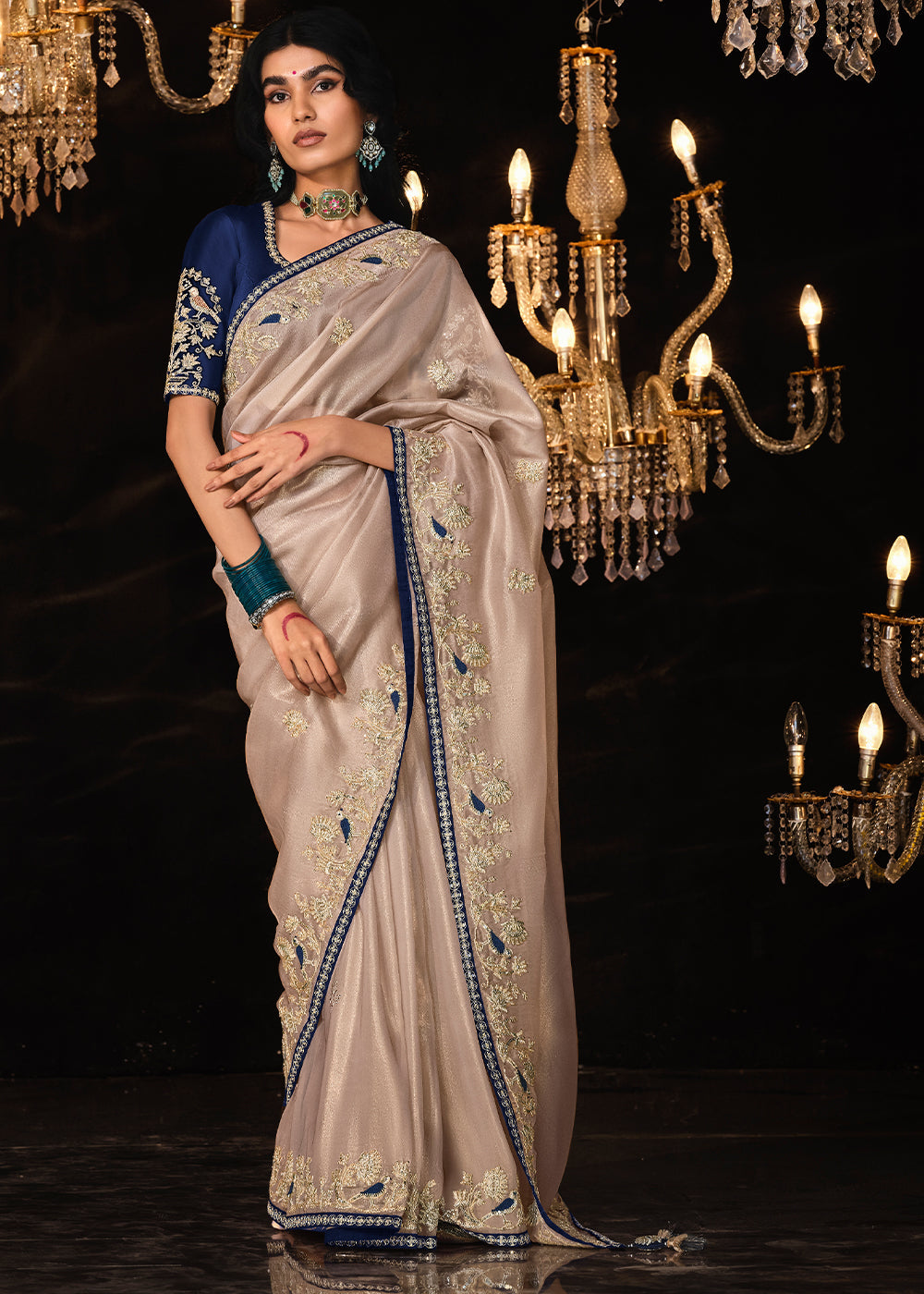 Light Greyish Brown Satin Silk Saree Embellished with Stone,Sequin,Embroidery & Zarkan work
