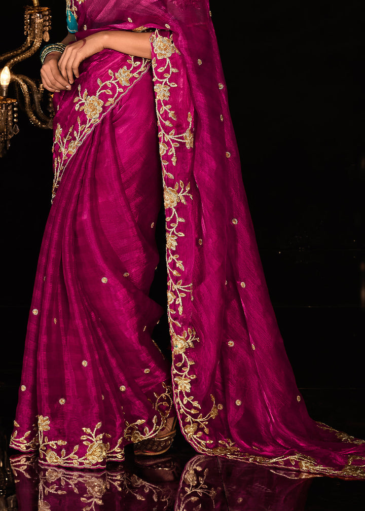 Magenta Pink Satin Silk Saree Embellished with Stone,Sequin,Embroidery & Zarkan work