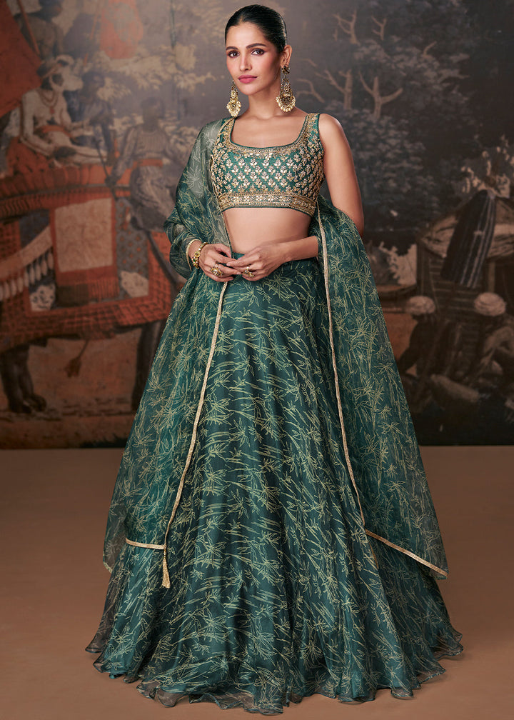 Myrtle Green Ready to Wear Designer Organza Silk Lehenga With Fully Embroidered Choli