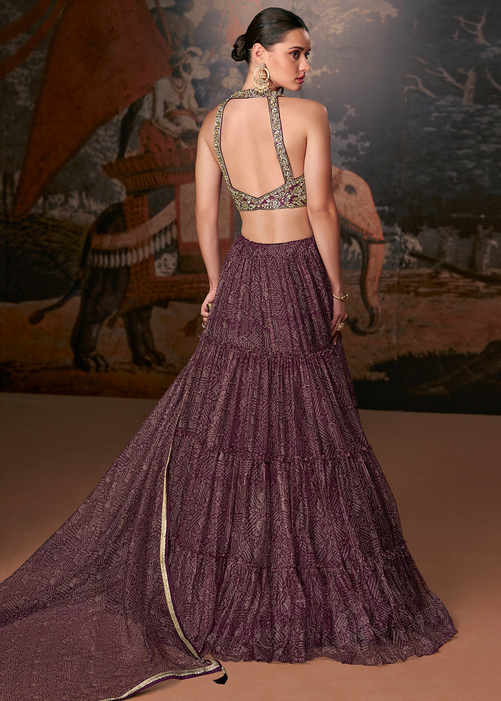 Dark Mauve Purple Ready to Wear Designer Organza Silk Lehenga With Fully Embroidered Choli