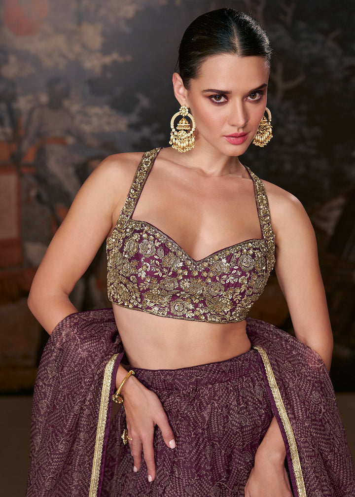 Dark Mauve Purple Ready to Wear Designer Organza Silk Lehenga With Fully Embroidered Choli