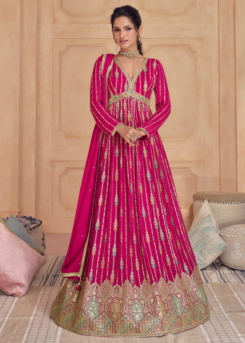 Hot Pink Designer Embroidered Anarkali Suit