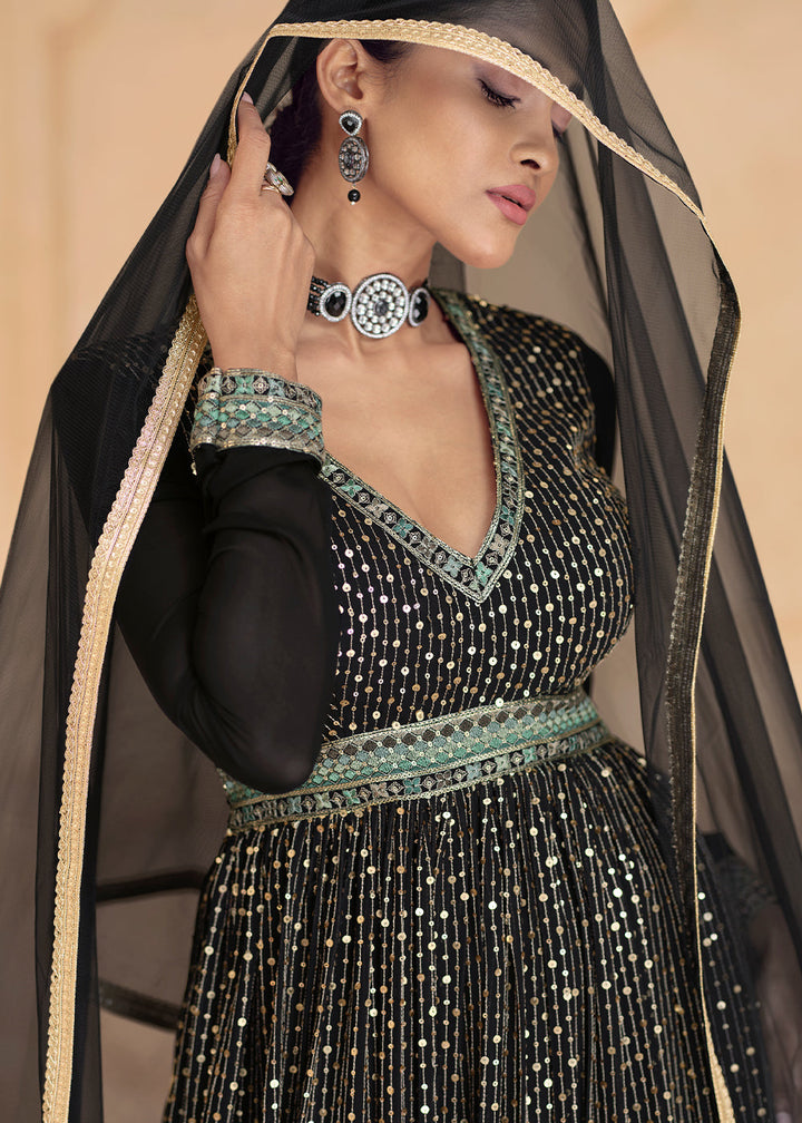 Onyx Black Designer Embroidered Anarkali Suit