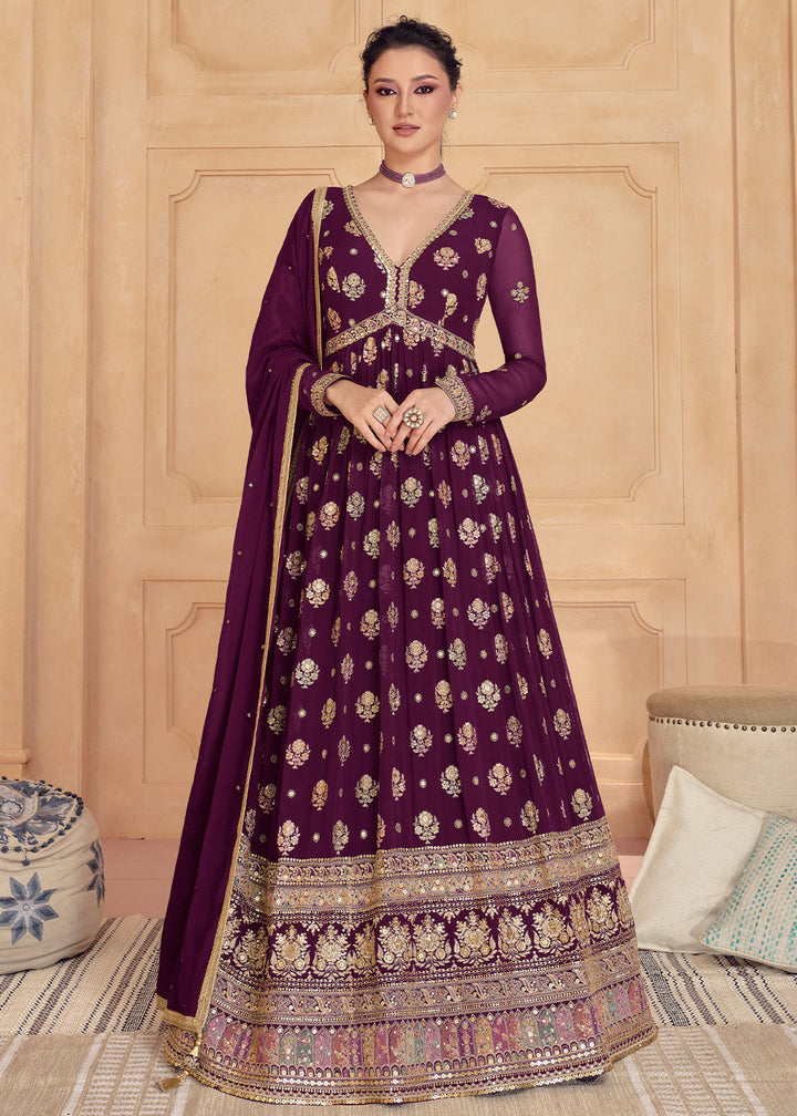 Sangria Purple Designer Embroidered Anarkali Suit