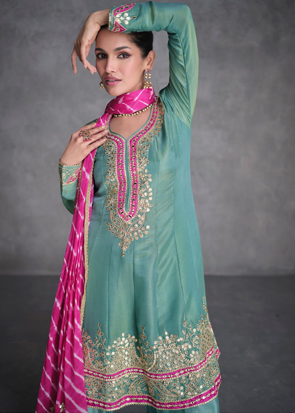 Bright Turquoise Blue Embroidered Salwar Suit