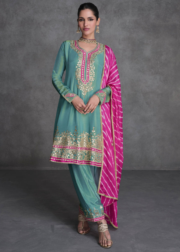 Bright Turquoise Blue Embroidered Salwar Suit