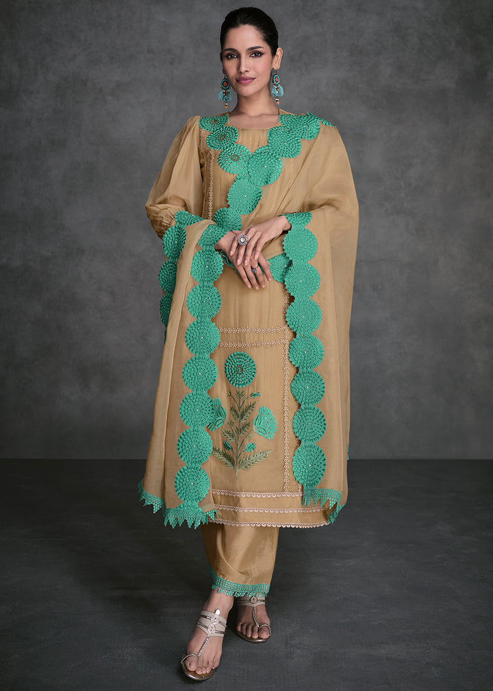 Camel Brown Organza Silk Salwar Suit