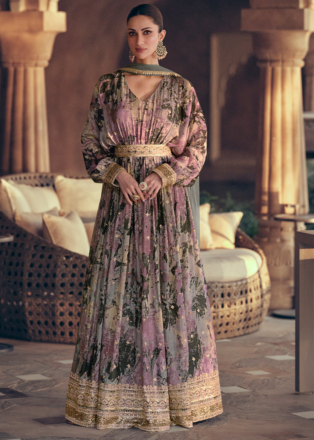 Purple & Black Floral Printed Georgette Anarkali Suit with Embroidery work