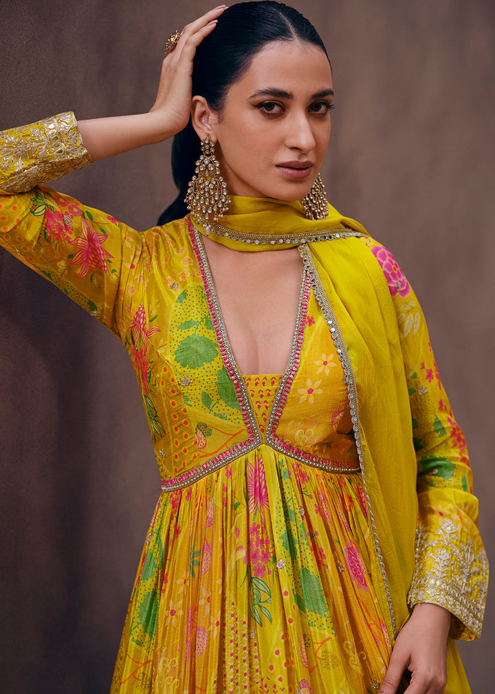 Shades Of Yellow Floral Printed Georgette Anarkali Suit with Embroidery work(Pre-Order)