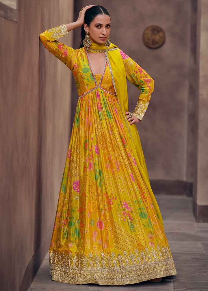 Shades Of Yellow Floral Printed Georgette Anarkali Suit with Embroidery work(Pre-Order)