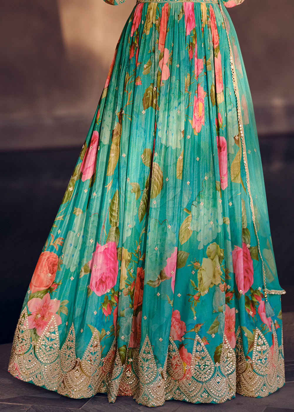 Shades Of Blue Floral Printed Georgette Anarkali Suit with Embroidery work(Pre-Order)