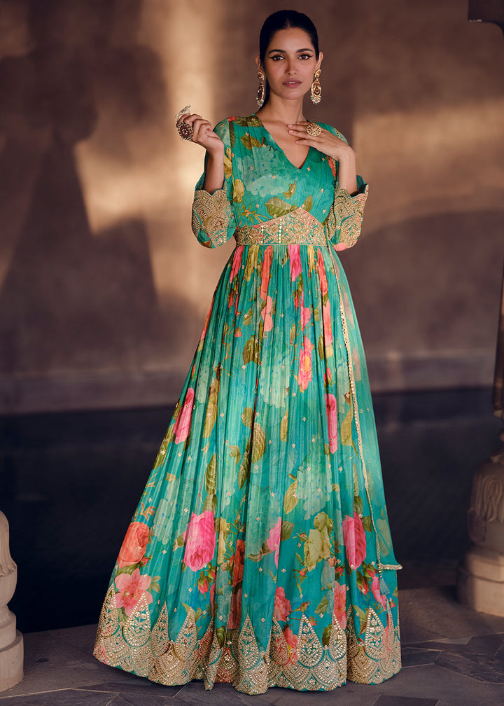 Shades Of Blue Floral Printed Georgette Anarkali Suit with Embroidery work(Pre-Order)