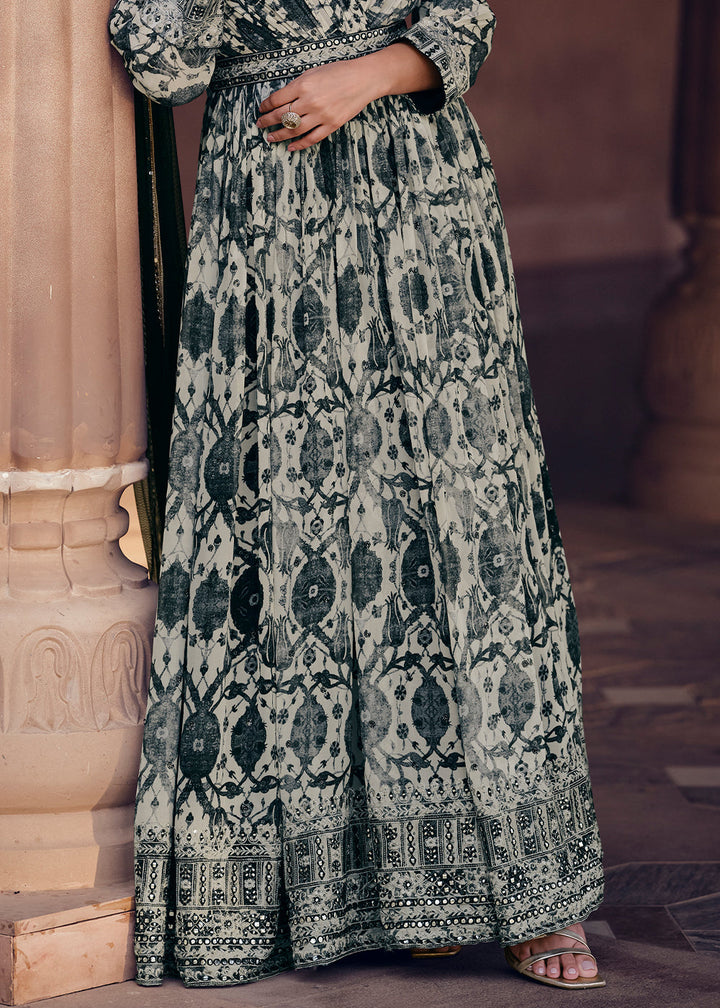 White & Black Floral Printed Georgette Anarkali Suit with Embroidery work