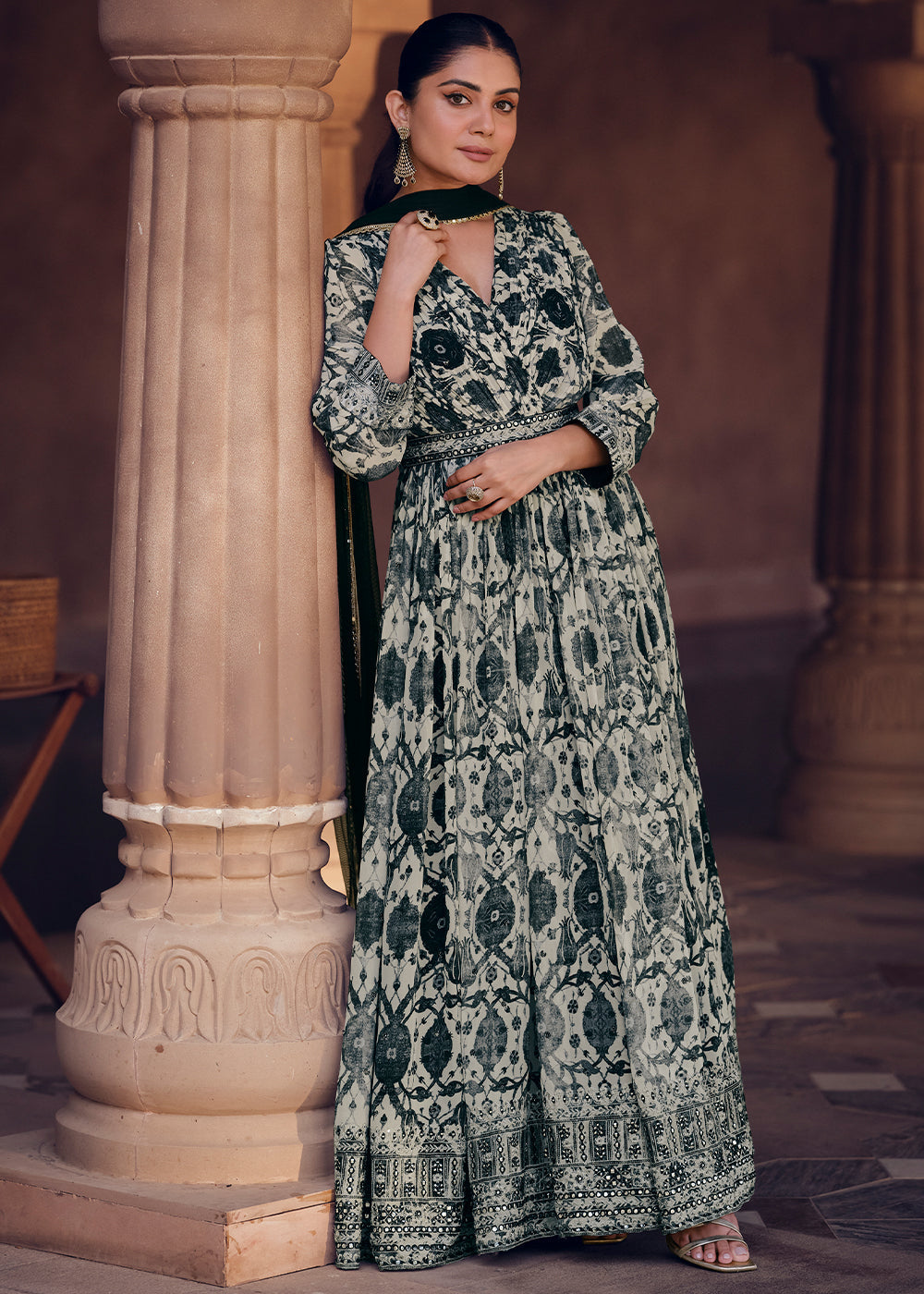 White & Black Floral Printed Georgette Anarkali Suit with Embroidery work