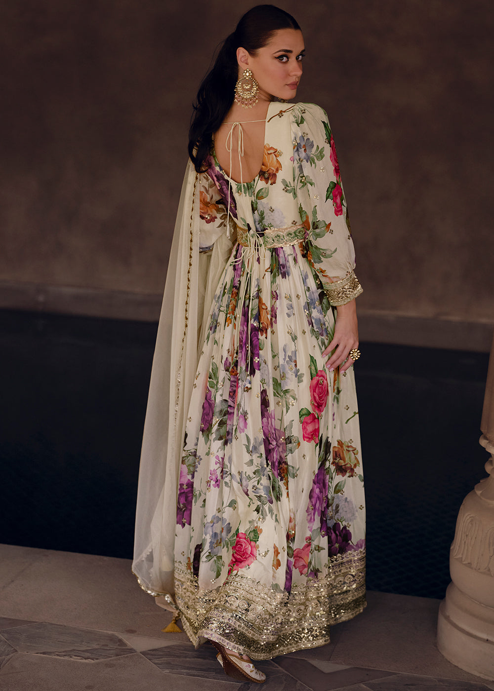 Pearl White Floral Printed Georgette Anarkali Suit with Embroidery work(Pre-Order)