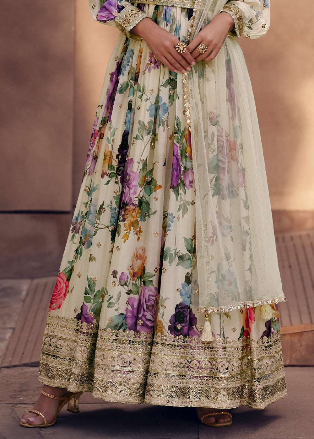 Pearl White Floral Printed Georgette Anarkali Suit with Embroidery work(Pre-Order)