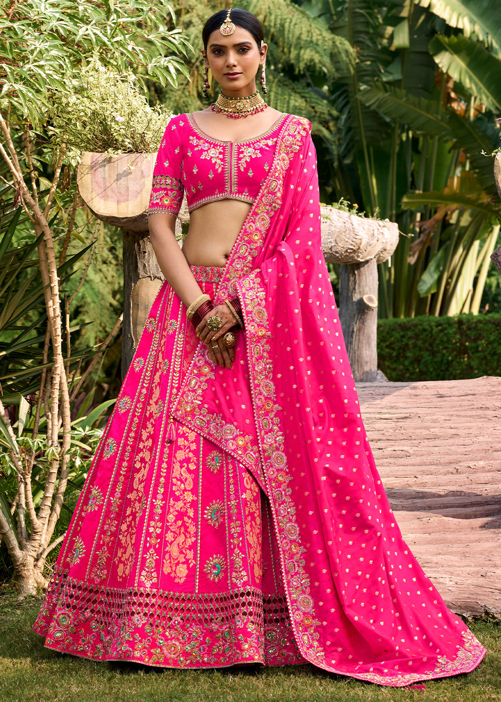 Hot Pink Banarasi Silk Lehenga Choli with Embroidery,Sequence & Weaving work